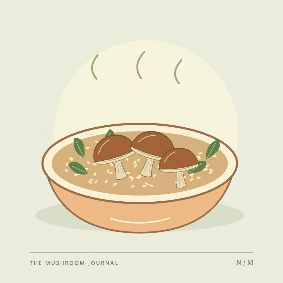 Illustration of a mushroom, grain, and greens bowl